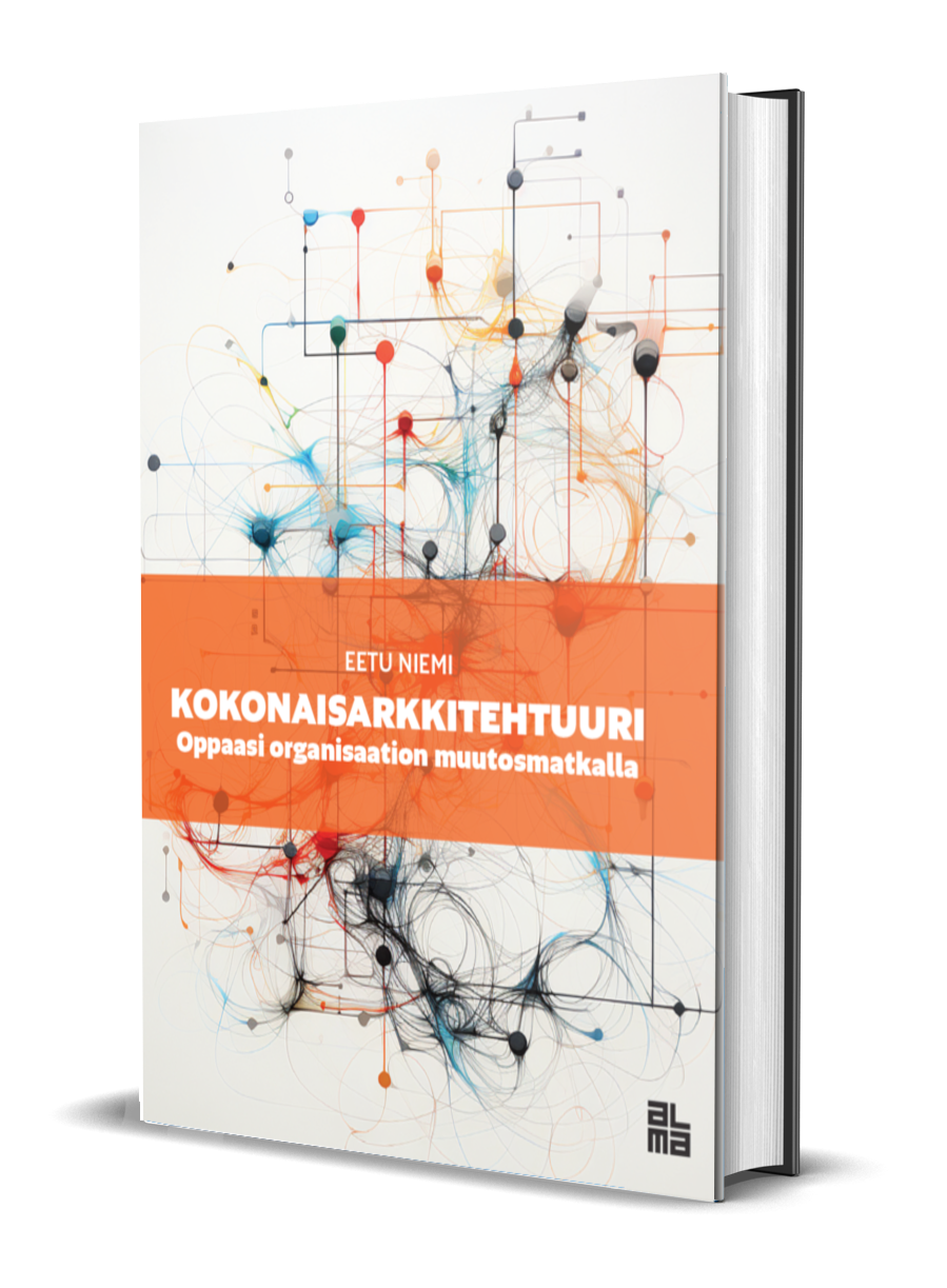 3D mockup of a hardcover book "Kokonaisarkkitehtuuri: Oppaasi organisaation muutosmatkalla" by Eetu Niemi